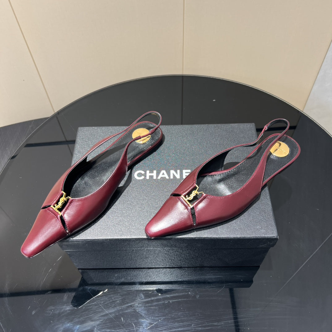 YSL SLINGBACK FLATS 25S IN WINE RED LAMBSKIN WITH GOLD HARDWARE
