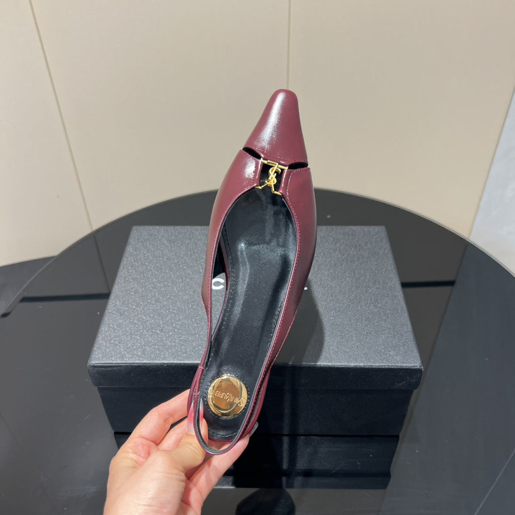 YSL SLINGBACK FLATS 25S IN WINE RED LAMBSKIN WITH GOLD HARDWARE