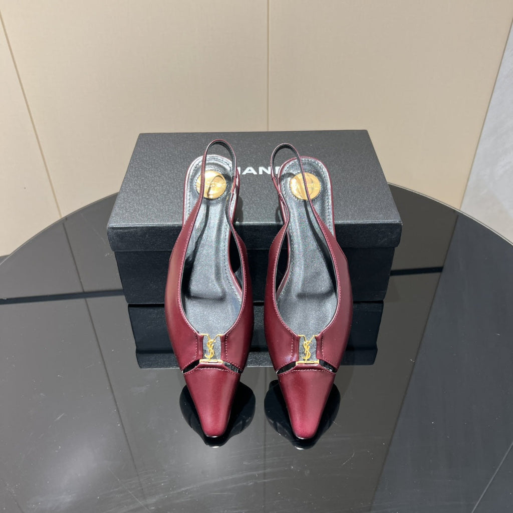 YSL SLINGBACK FLATS 25S IN WINE RED LAMBSKIN WITH GOLD HARDWARE