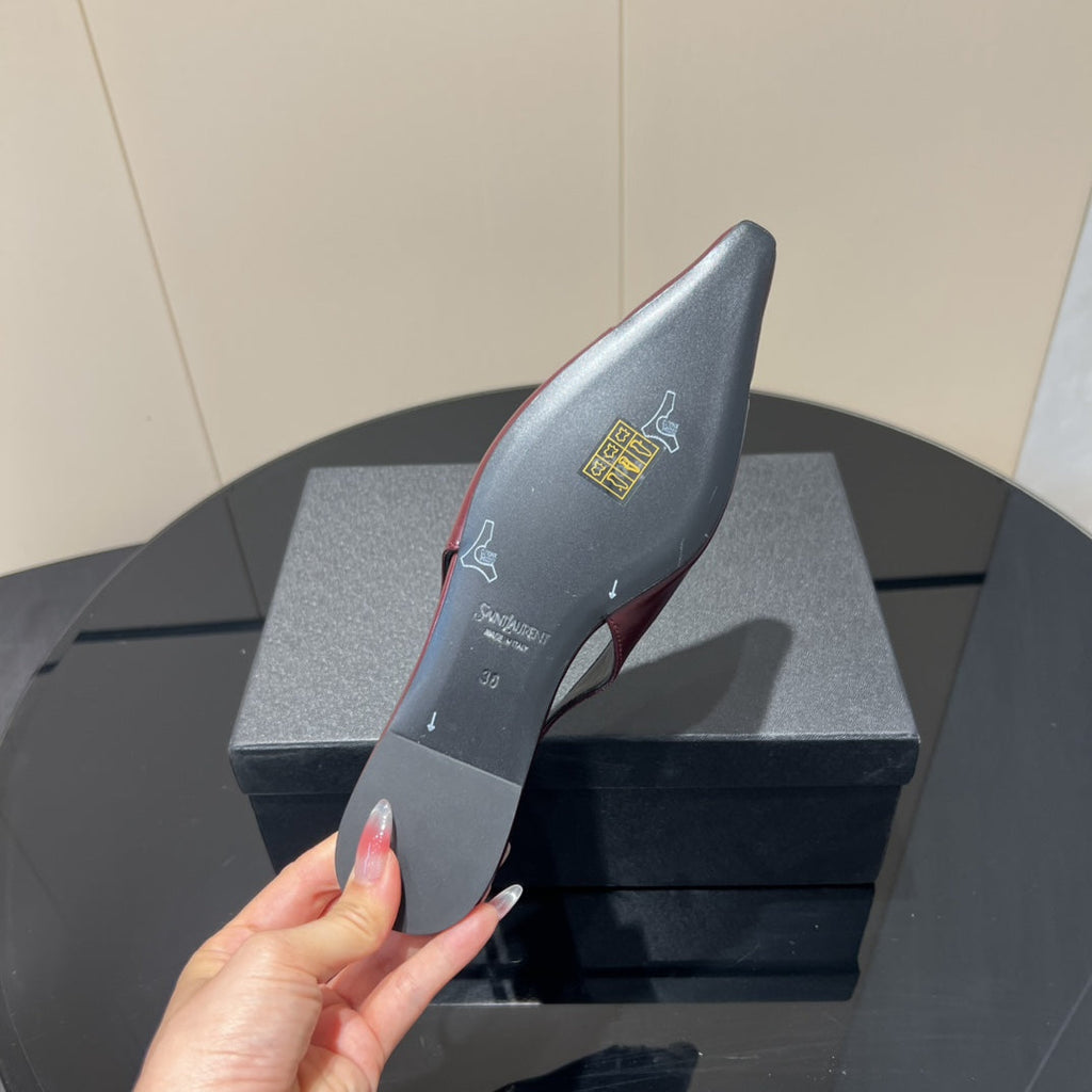 YSL SLINGBACK FLATS 25S IN WINE RED LAMBSKIN WITH GOLD HARDWARE