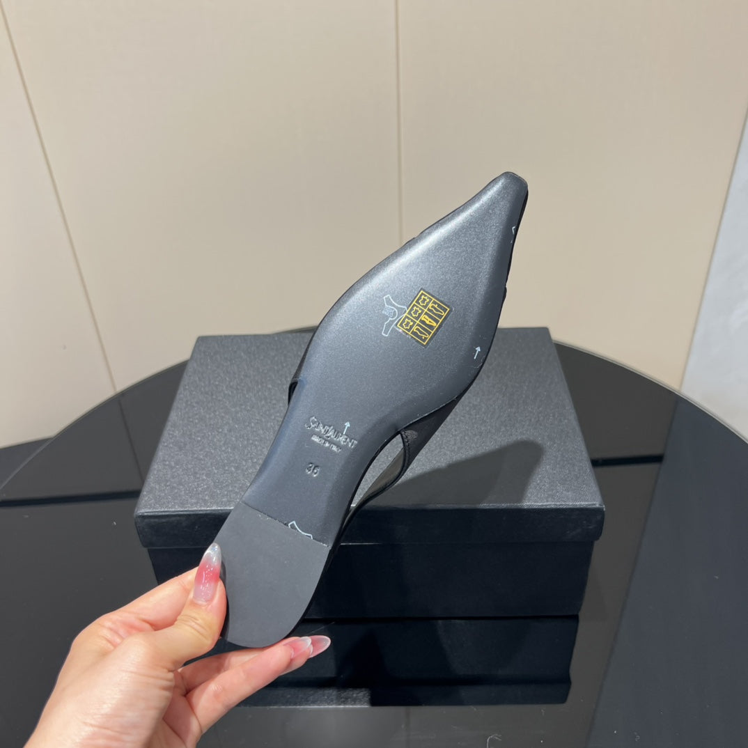 YSL SLINGBACK FLATS 25S IN BLACK SATIN FABRIC WITH GOLD HARDWARE