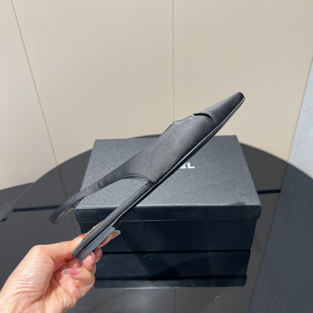 YSL SLINGBACK FLATS 25S IN BLACK SATIN FABRIC WITH GOLD HARDWARE