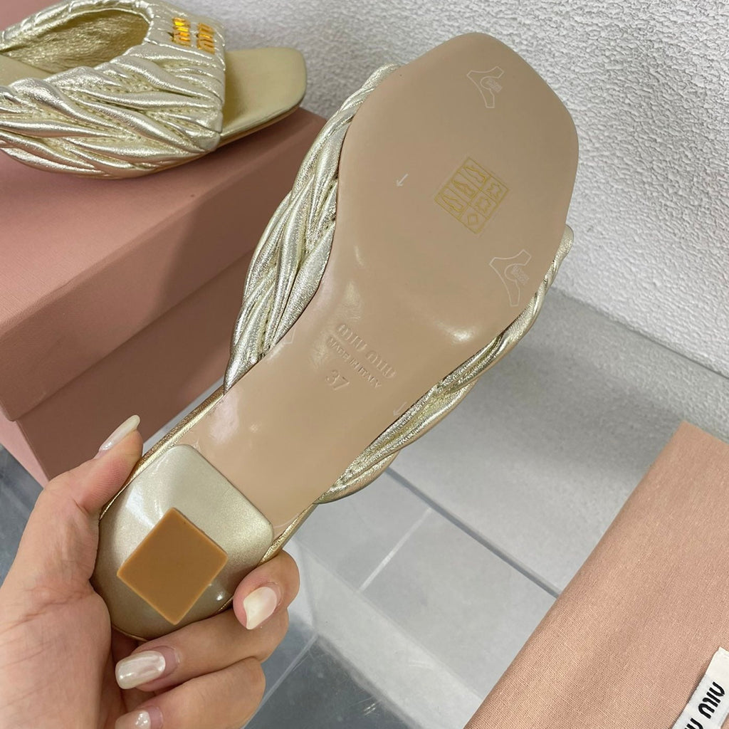 Women's Mid - Heel Metallic Yellow Color Leather Stylized