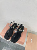 Pearl Chain Flip-Flops Black Color Leather