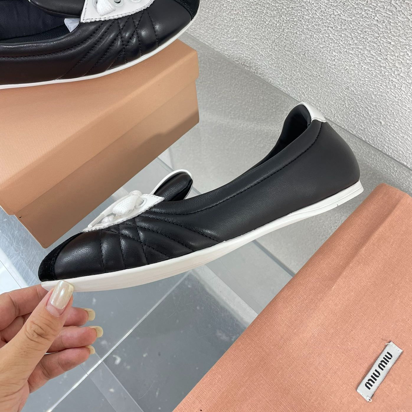 Black Leather Ballet Flats With White