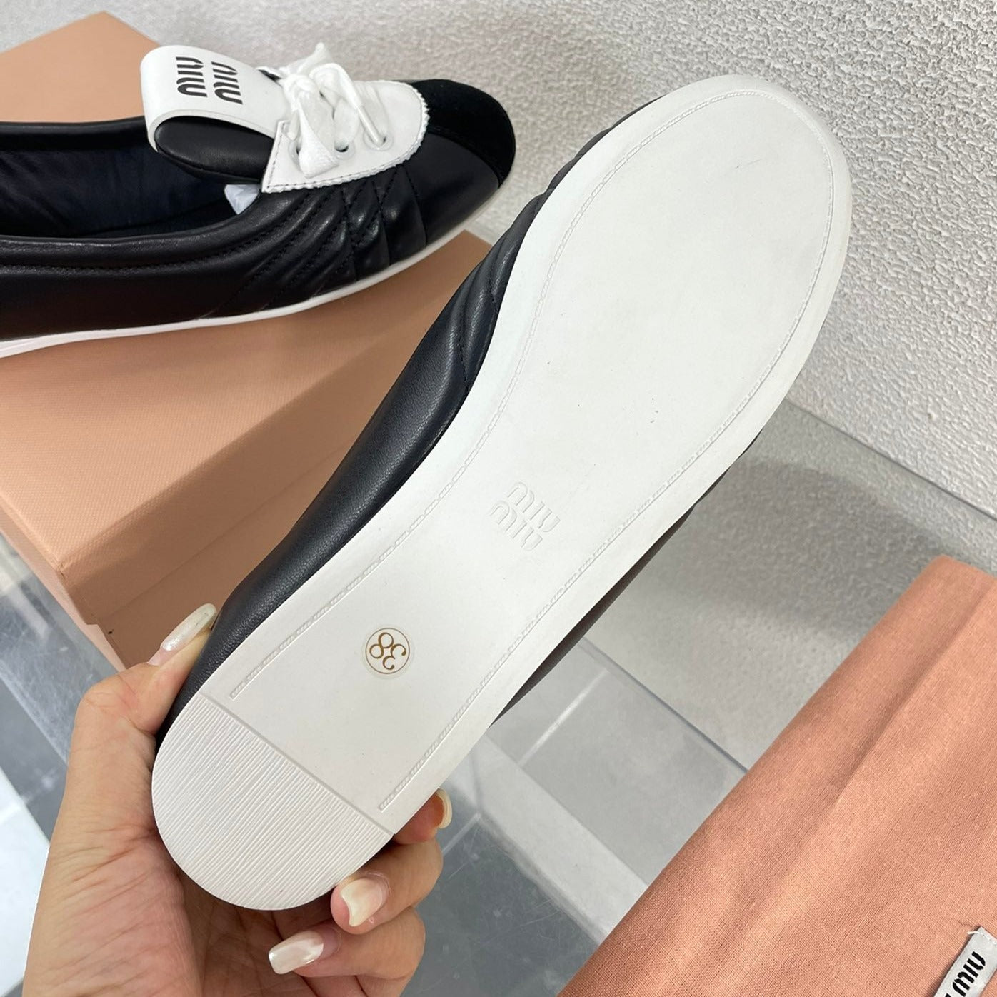 Black Leather Ballet Flats With White