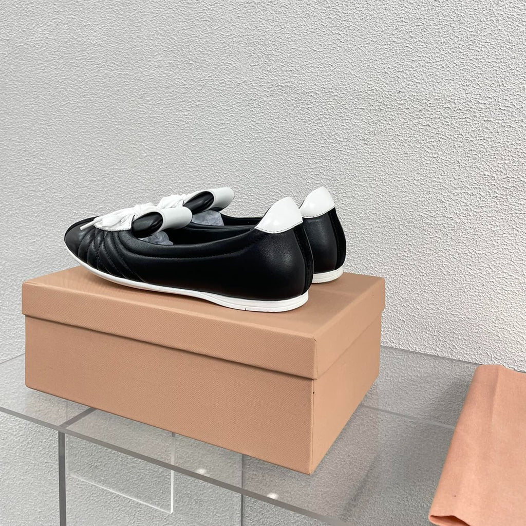 Black Leather Ballet Flats With White