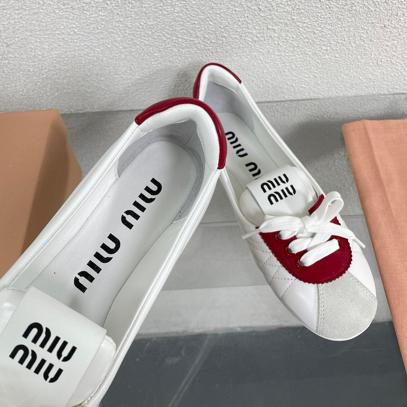 White Leather Ballet Flats With Red