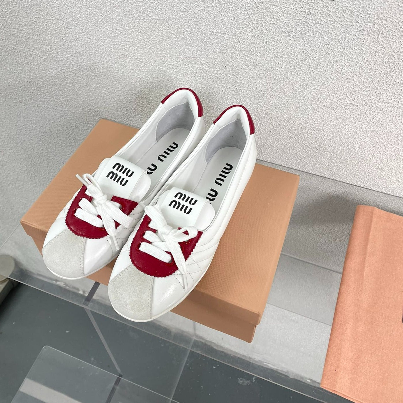 White Leather Ballet Flats With Red