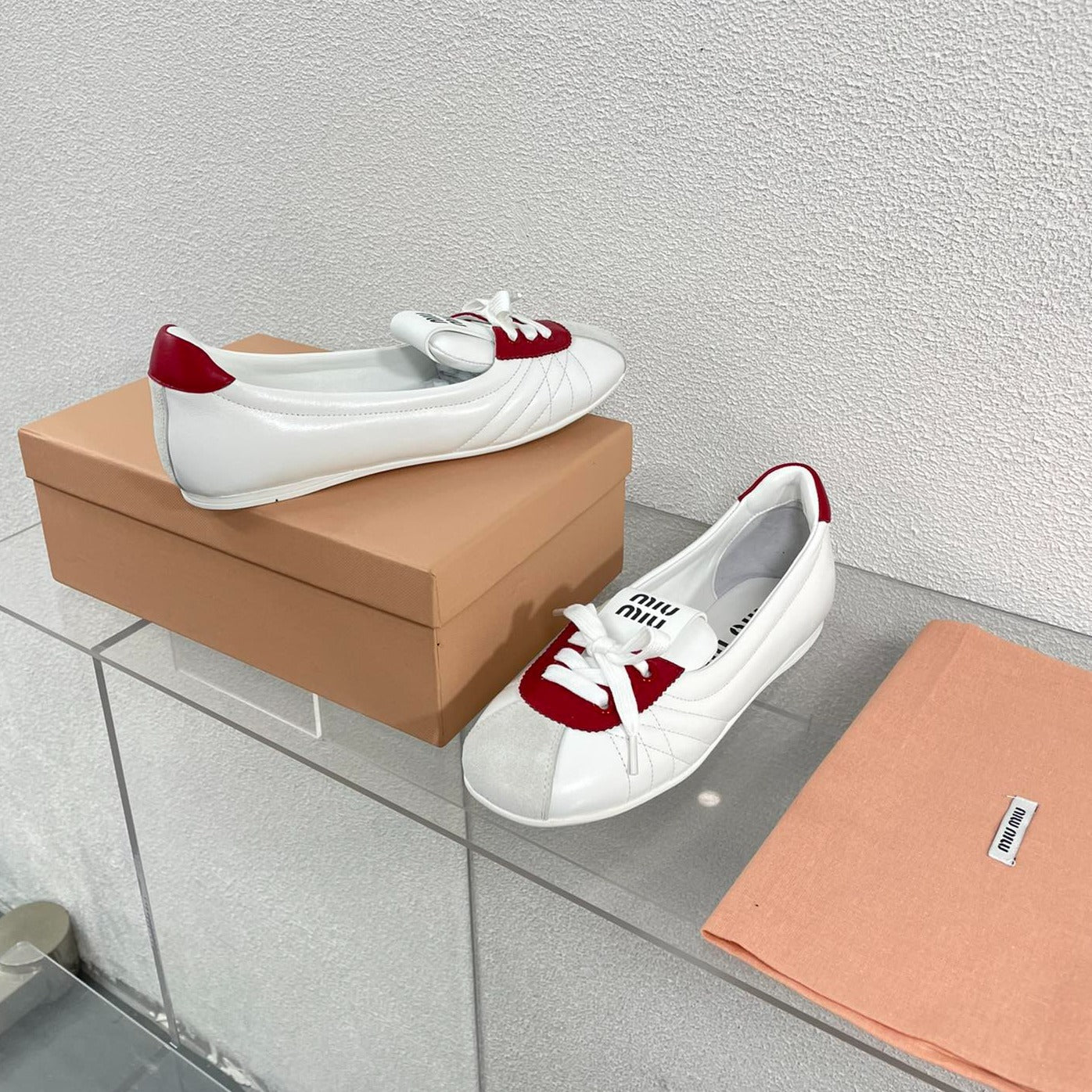 White Leather Ballet Flats With Red