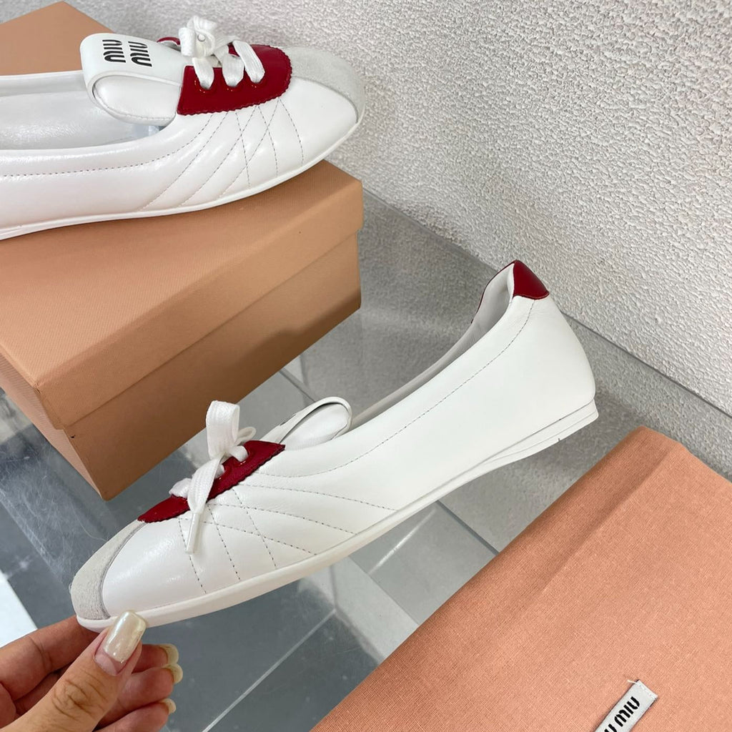 White Leather Ballet Flats With Red