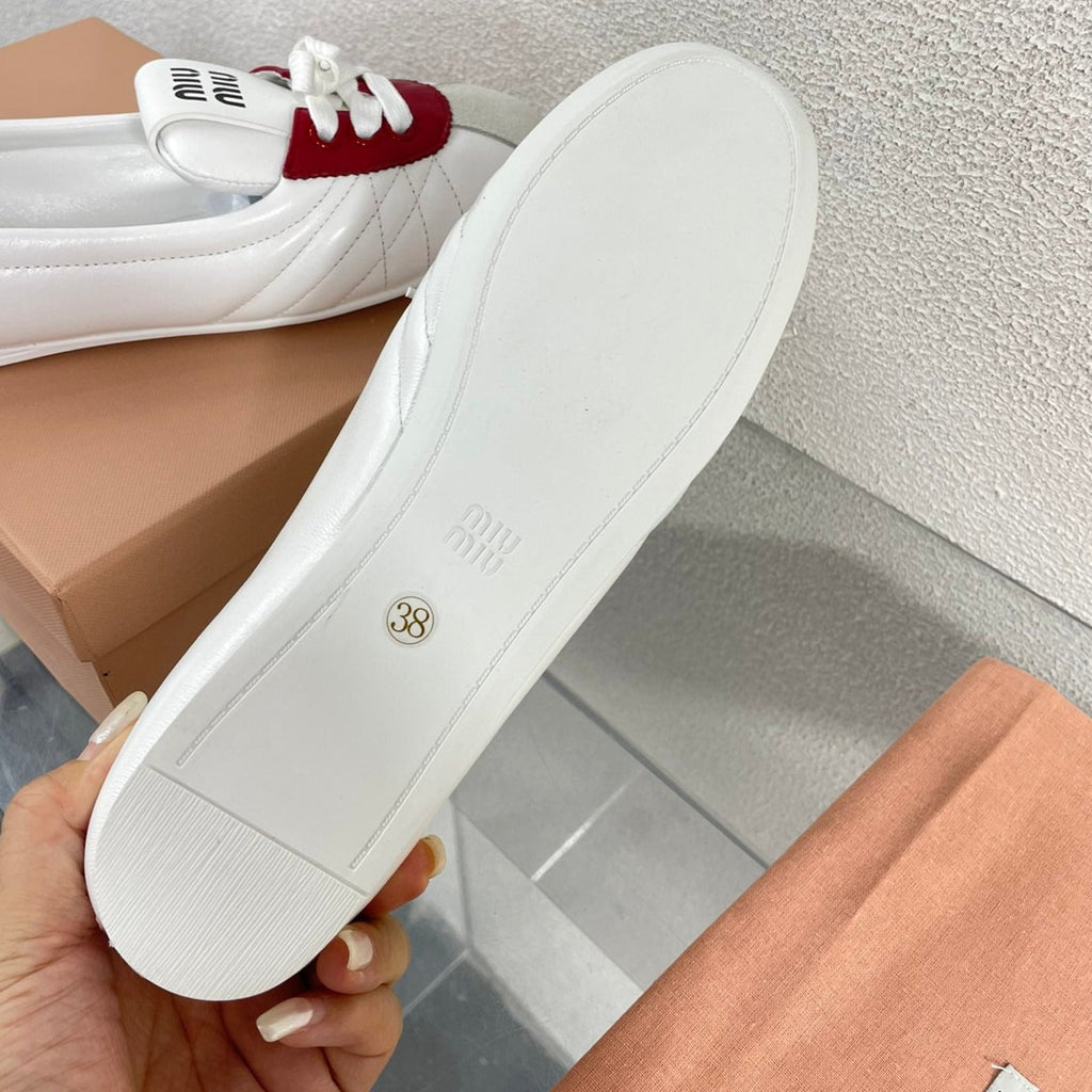 White Leather Ballet Flats With Red