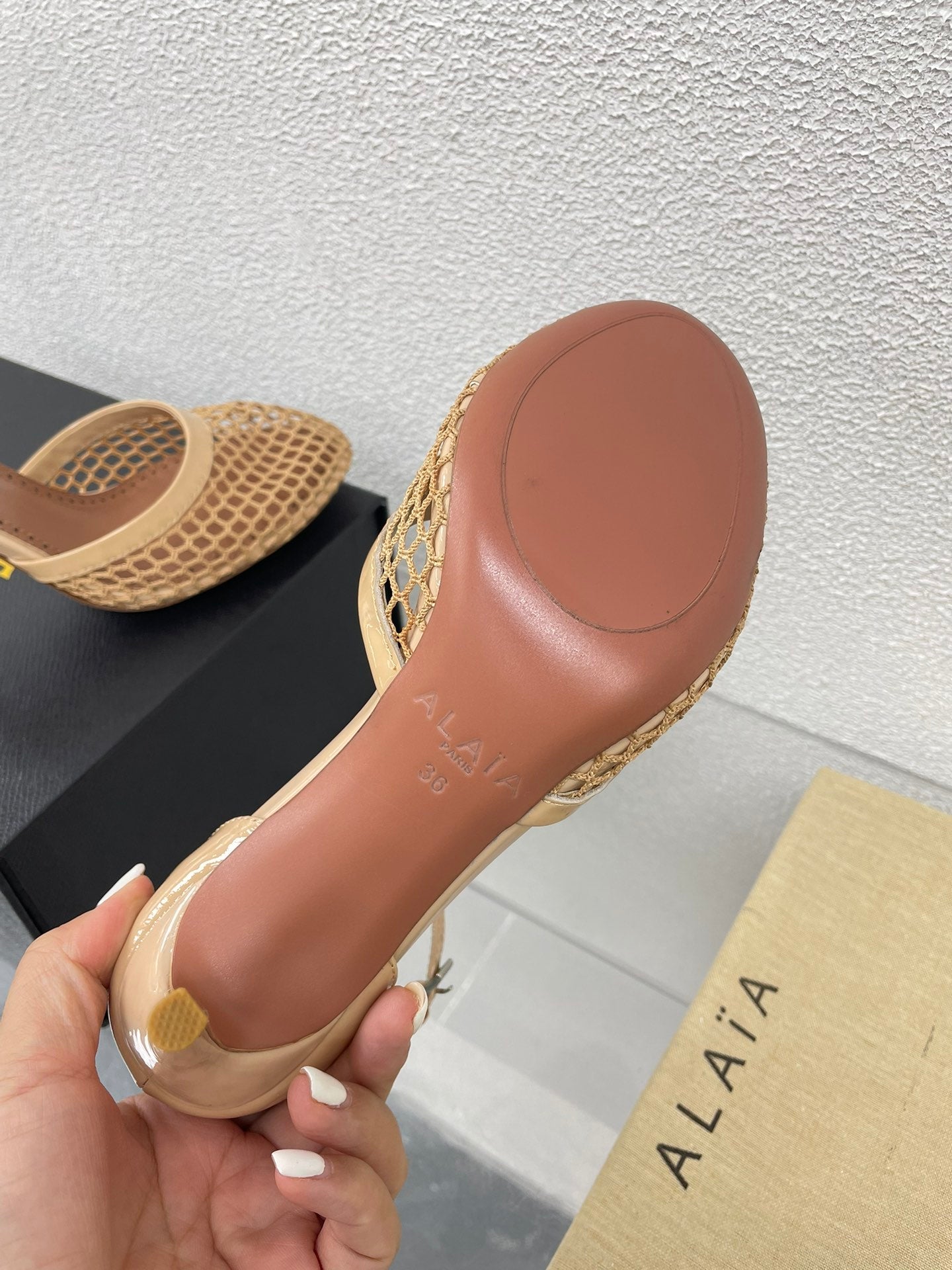 ALAIA HIGH FISHNET 9 CM PUMPS IN EGG NOG MESH