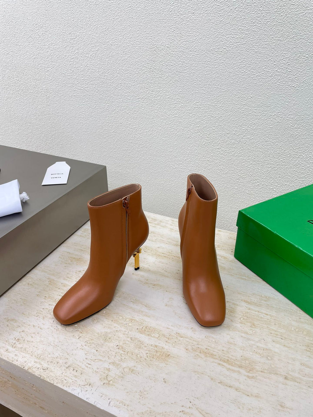 KNOT ANKLE BOOT IN BRONZE BROWN CALFSKIN WITH GOLD METAL HEEL 9 CM