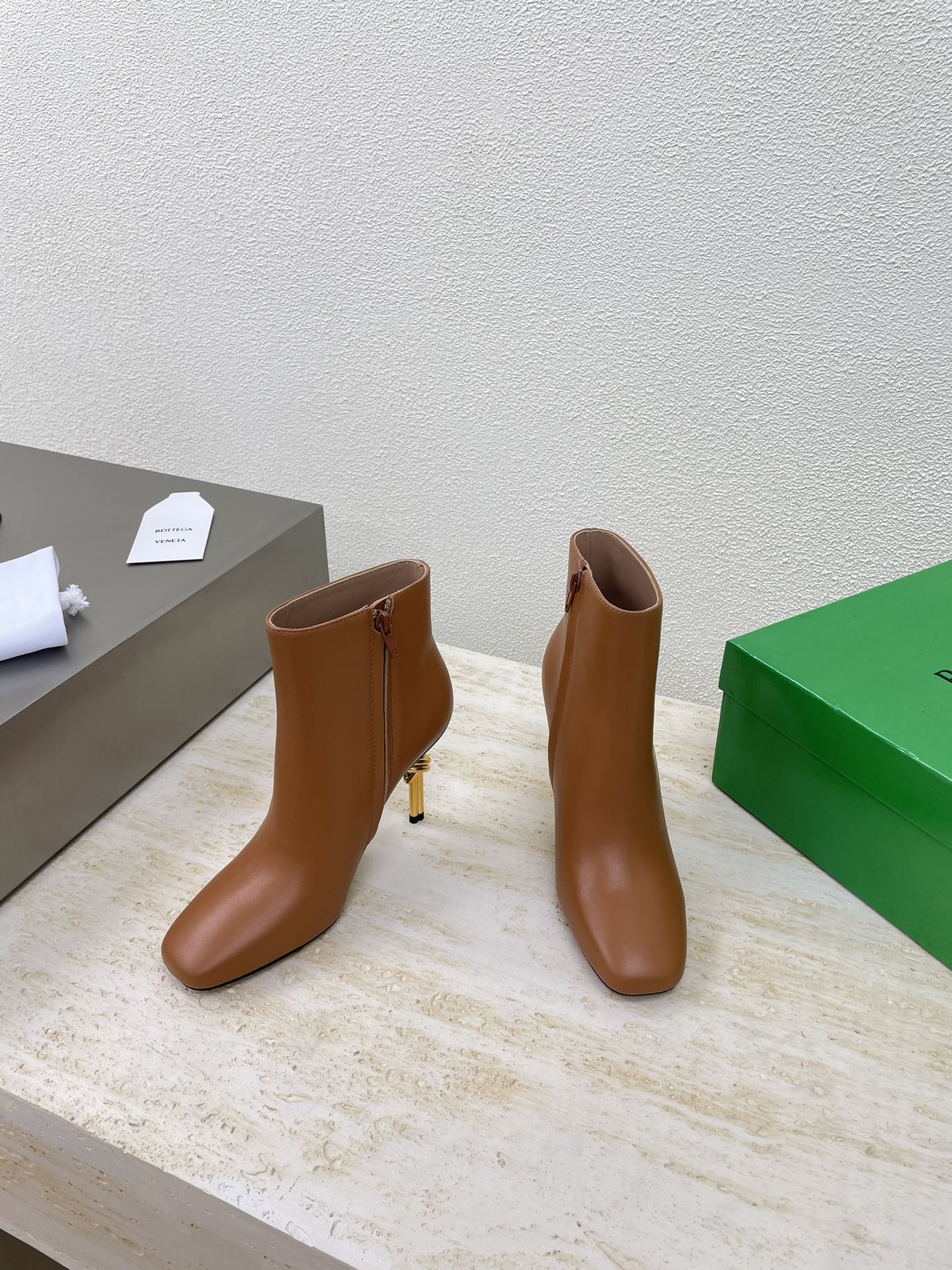 KNOT ANKLE BOOT IN BRONZE BROWN CALFSKIN WITH GOLD METAL HEEL 9 CM