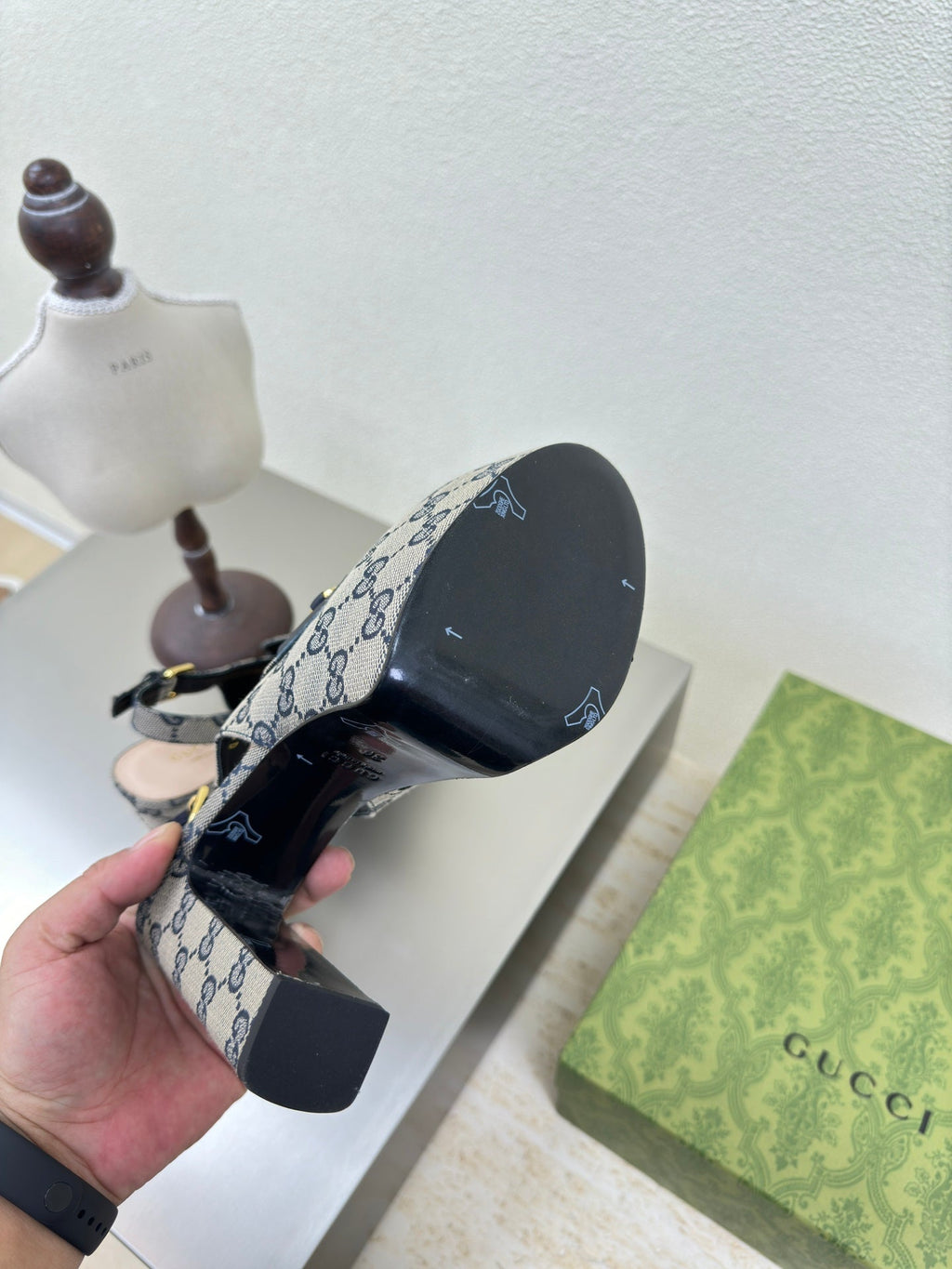 GG WOMEN'S HORSEBIT PLATFORM LOAFER SLINGBACK IN BEIGE AND BLUE CANVAS