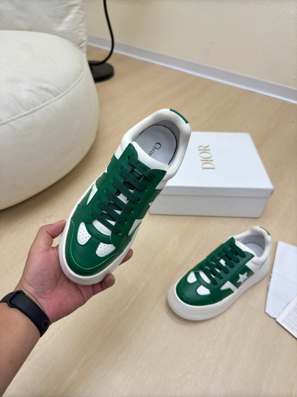 STAR PLATFORM SNEAKER IN WHITE MIX EMERALD GREEN CALFSKIN