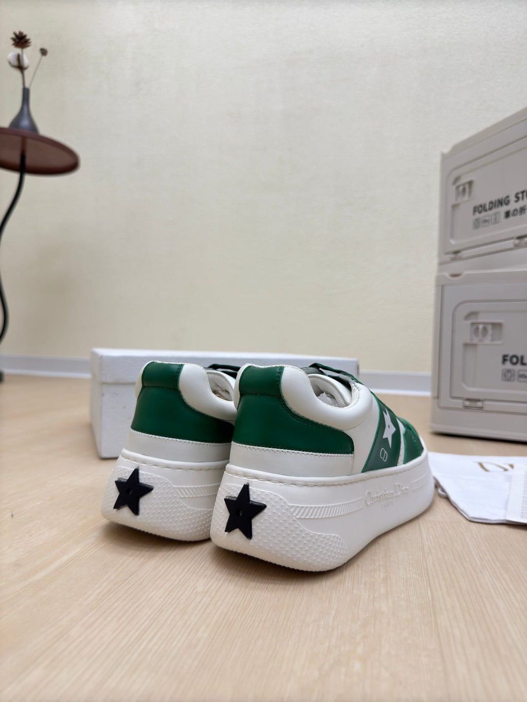 STAR PLATFORM SNEAKER IN WHITE MIX EMERALD GREEN CALFSKIN