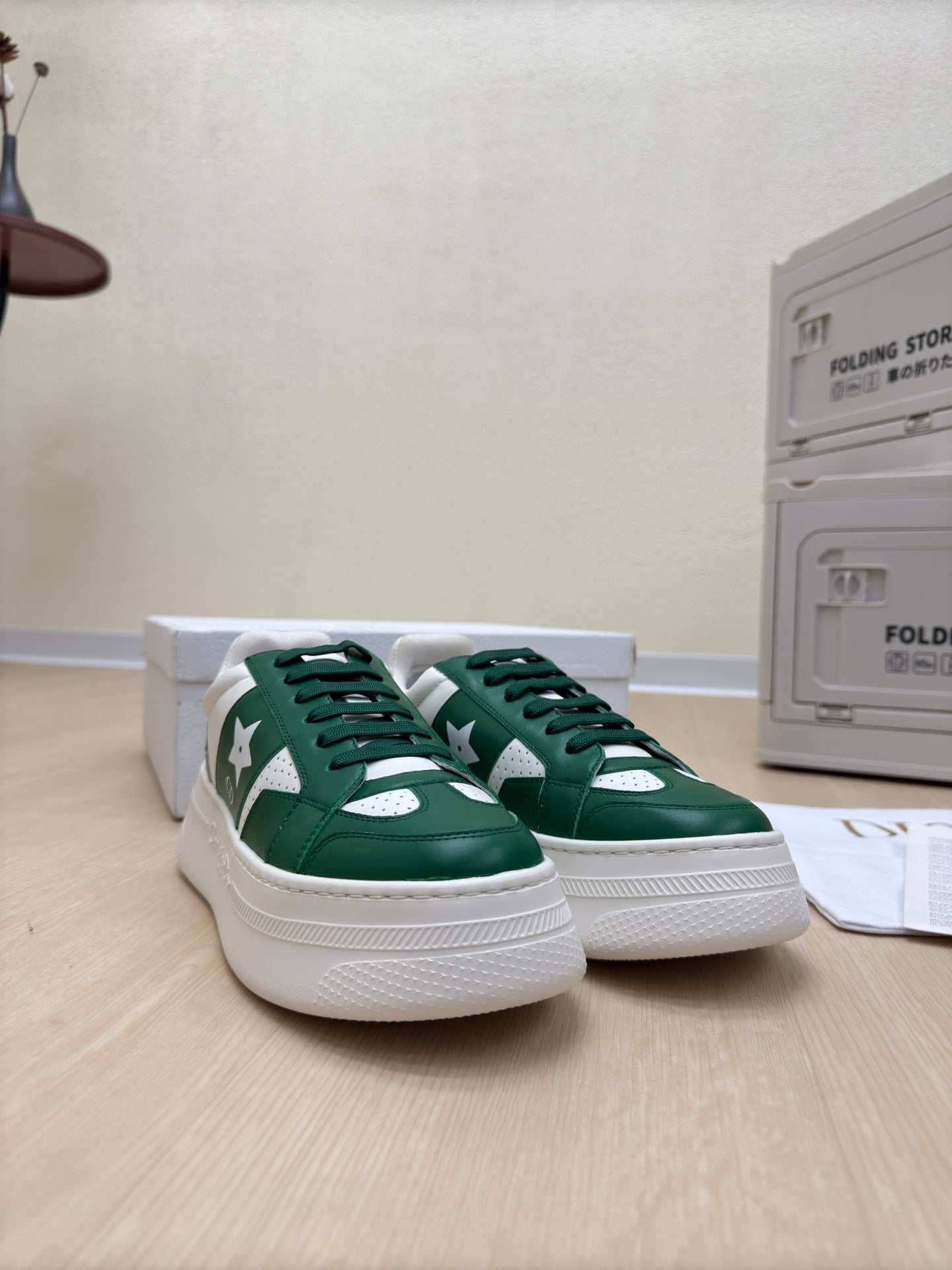STAR PLATFORM SNEAKER IN WHITE MIX EMERALD GREEN CALFSKIN