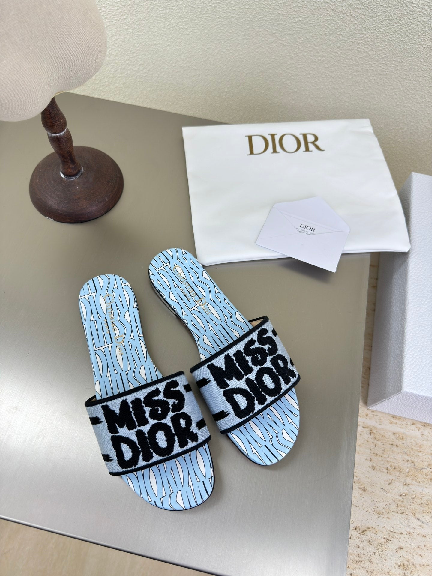 DWAY SLIDE EMBROIDERED COTTON AND POWDER BLUE MISS DIOR ALLOVER MOTIF