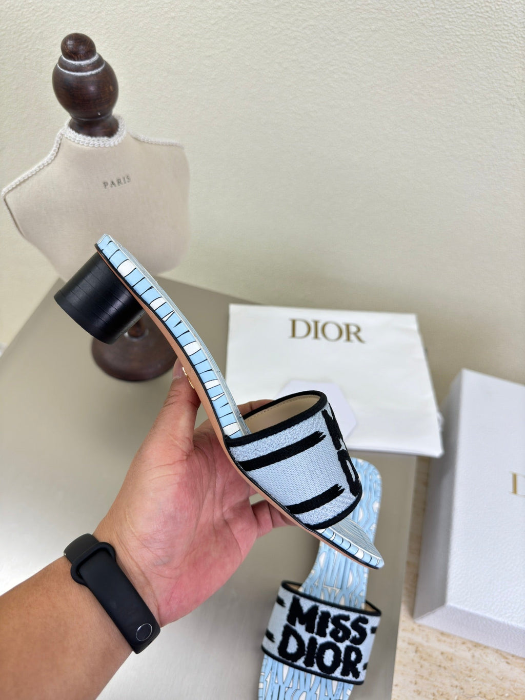 DWAY HEELED SLIDE EMBROIDERED COTTON AND LIGHT PINK MISS DIOR ALLOVER MOTIF 35 MM