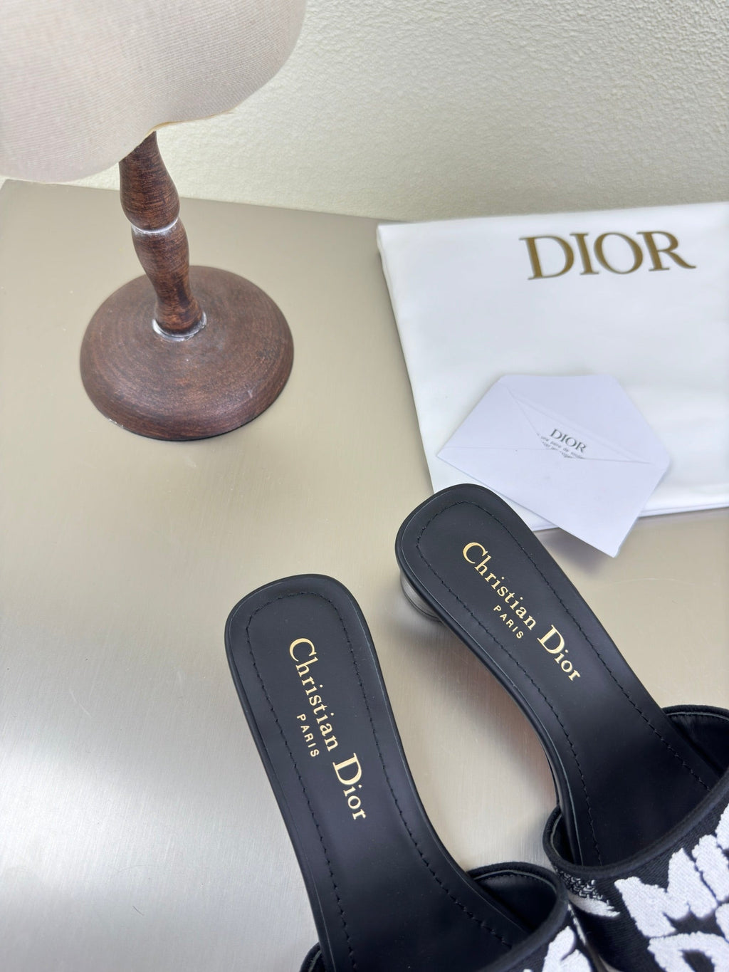 DWAY HEELED SLIDE EMBROIDERED COTTON AND BLACK MISS DIOR ALLOVER MOTIF 35 MM