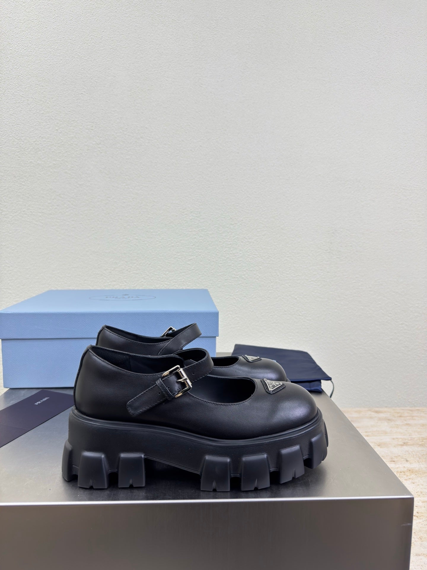 PRADA 25S PLATFORM MARY JANE SHOES IN BLACK CALFSKIN STYLE 1