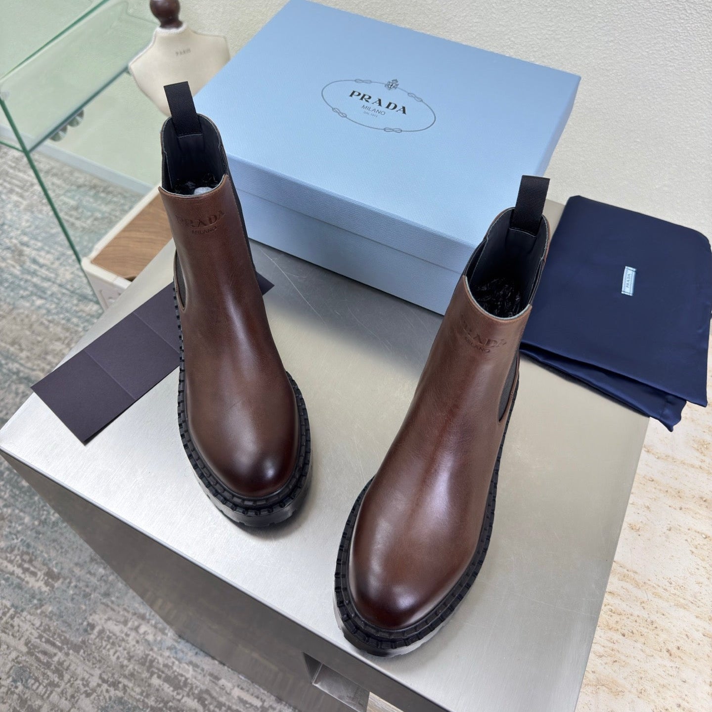 PRADA 25S PLATFORM CHELSEA BOOTS IN DARK BROWN CALFSKIN