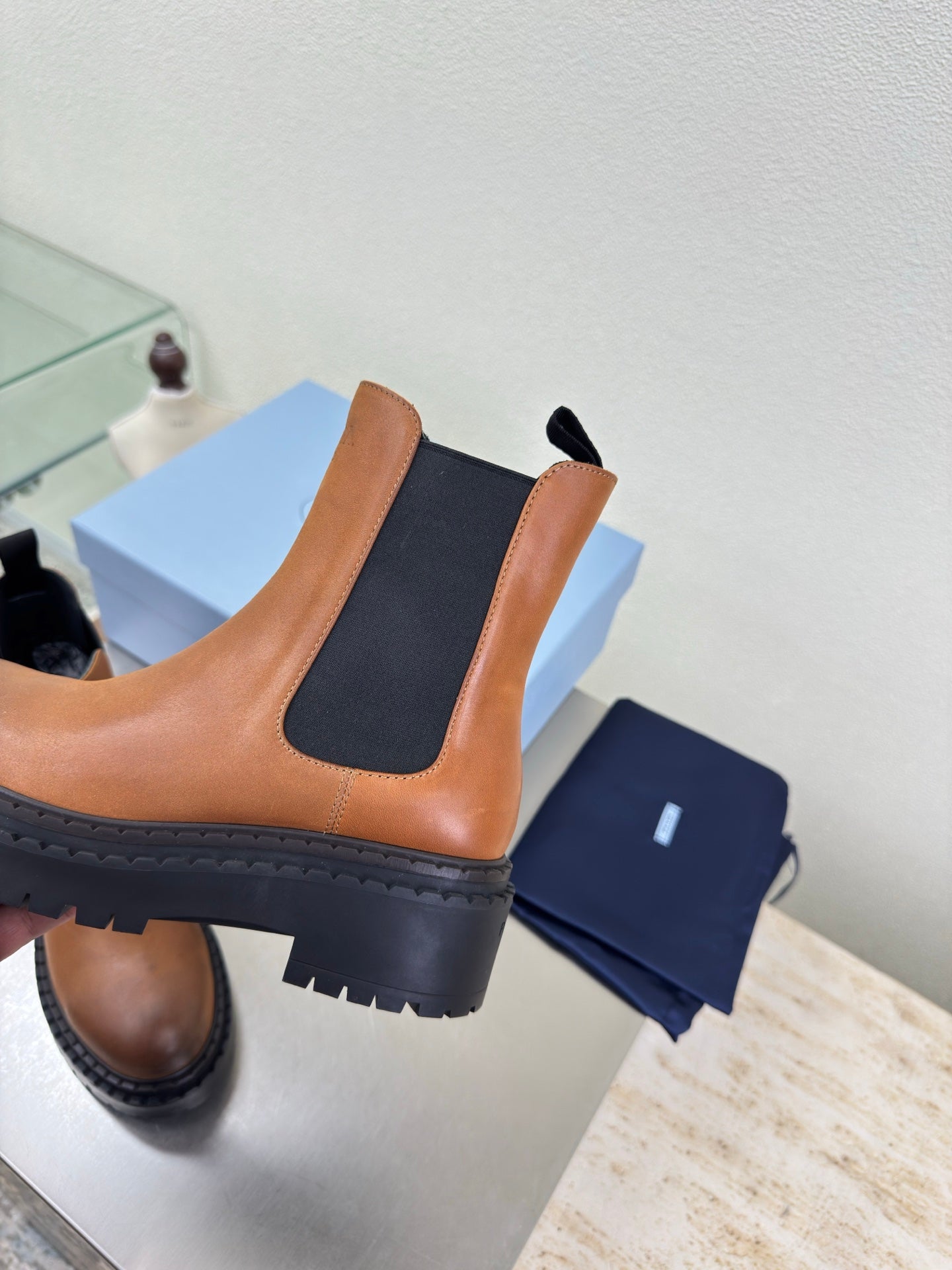 PRADA 25S PLATFORM CHELSEA BOOTS IN BROWN CALFSKIN