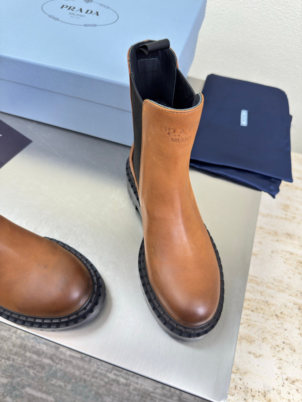 PRADA 25S PLATFORM CHELSEA BOOTS IN BROWN CALFSKIN