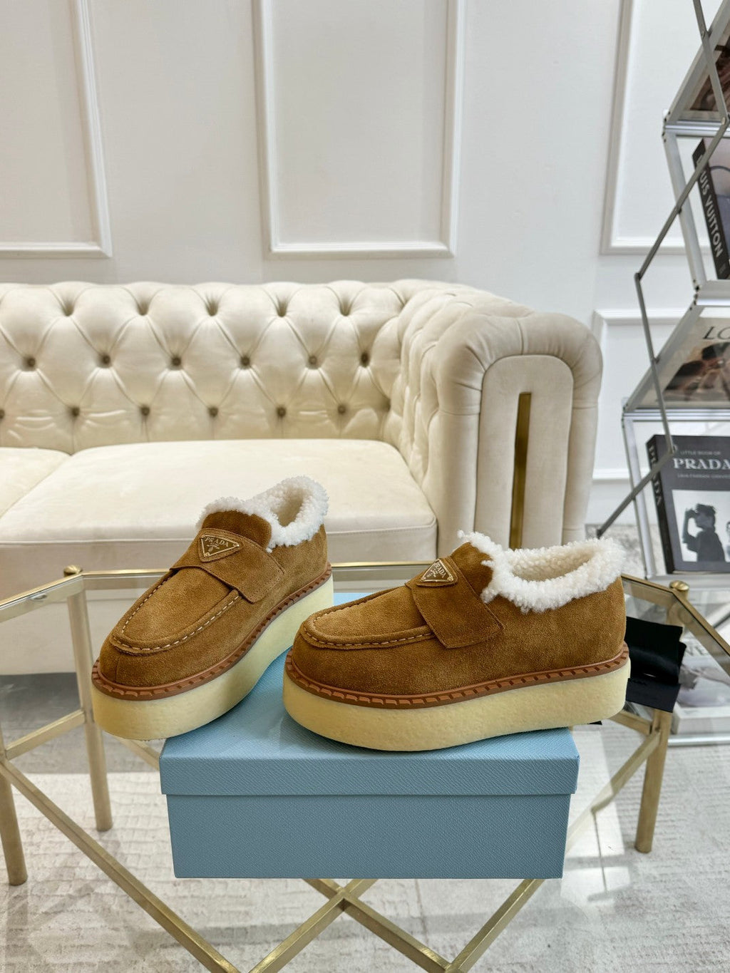 SUEDE LOAFER CAMEL WITH SHEARLING LINING