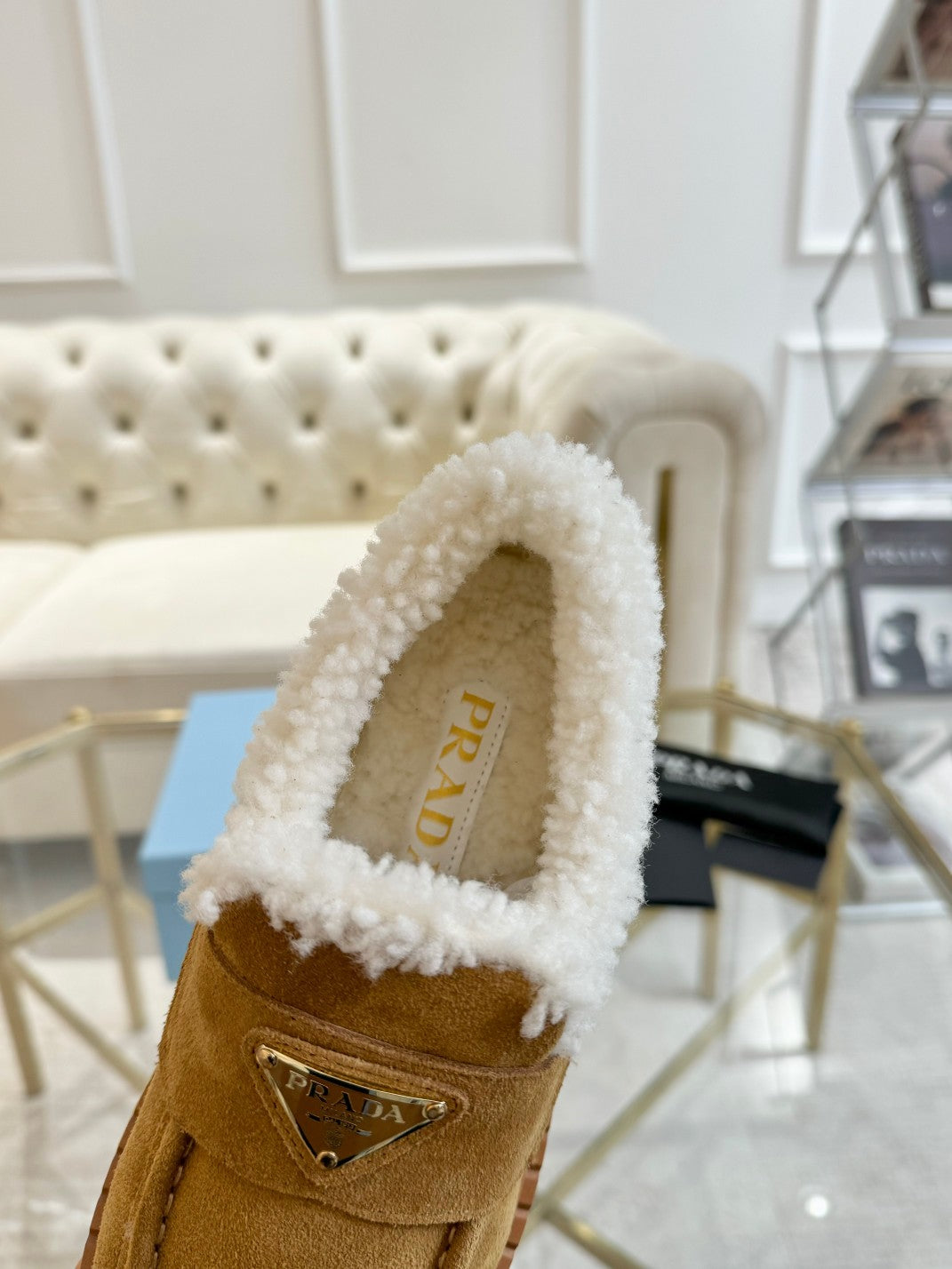 SUEDE LOAFER CAMEL WITH SHEARLING LINING