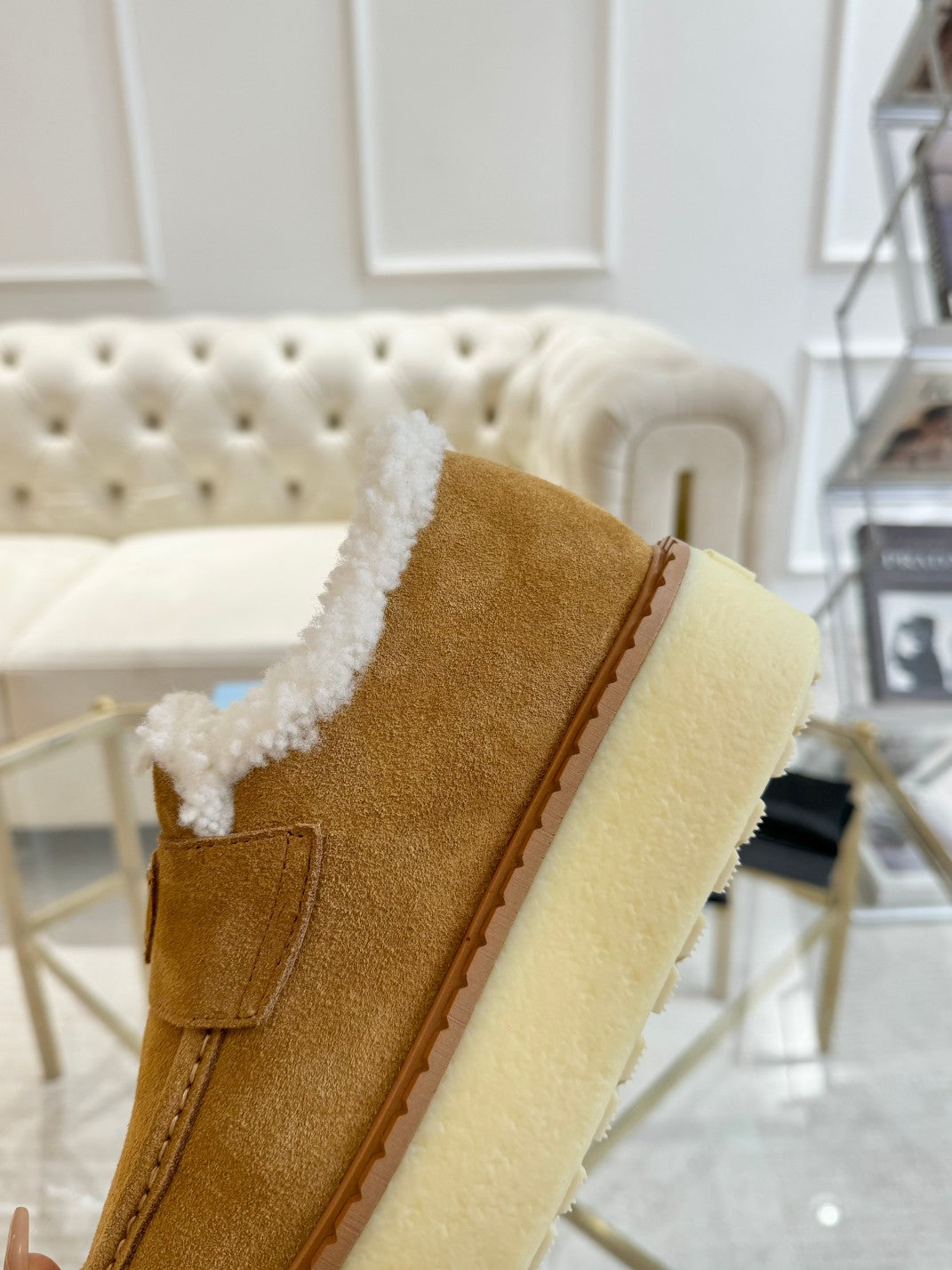 SUEDE LOAFER CAMEL WITH SHEARLING LINING