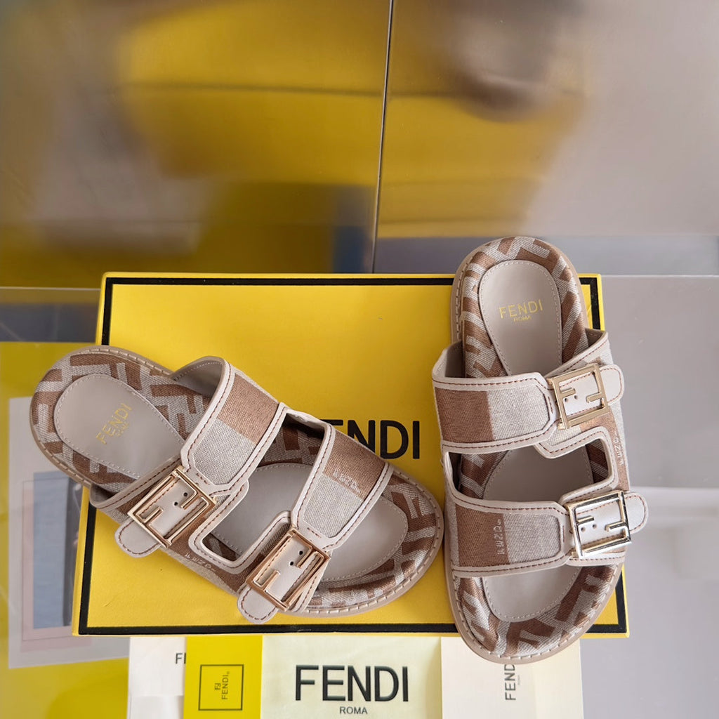 FENDI DAD SANDAL IN WHITE MIX CIDER BROWN MONOGRAM JACQUARD FABRIC