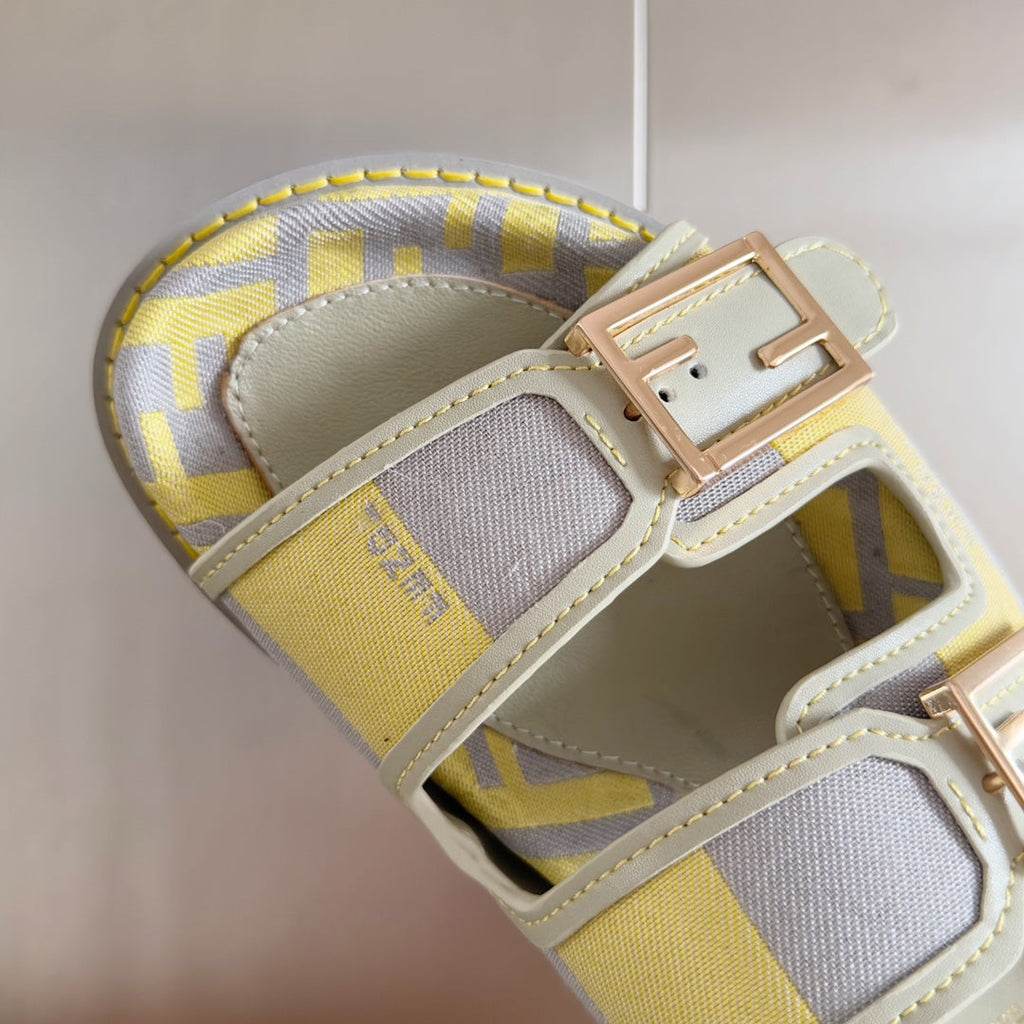 FENDI DAD SANDAL IN YELLOW MIX LIGHT PURPLE CANVAS WITH GOLD HARDWARE