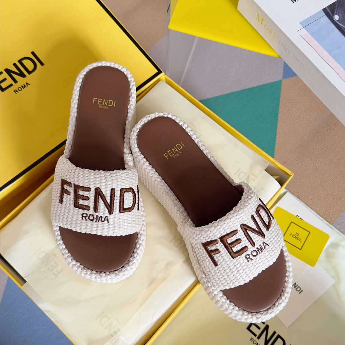 FENDI PLATFORM WEDGES IN WHITE RAFFIA WITH BROWN EMBROIDERED LOGO