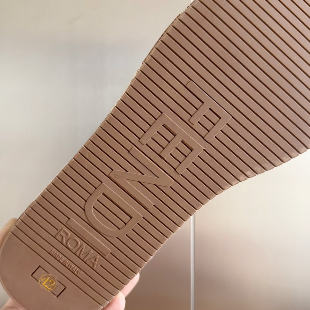 FENDI PLATFORM WEDGES IN ASH BROWN MIX WHITE FF MONOGRAM FABRIC