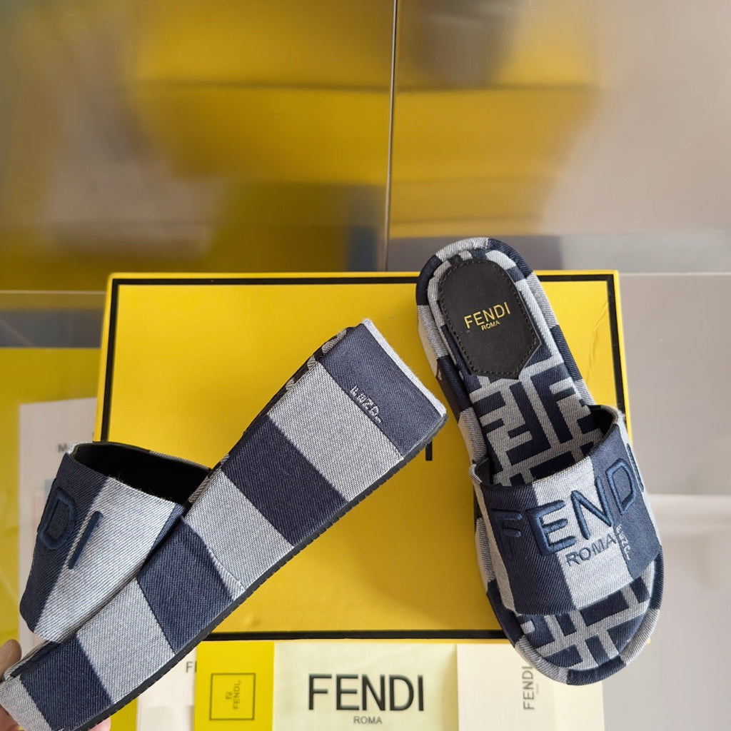 FENDI PLATFORM WEDGES IN AEGEAN BLUE MIX WHITE FF MONOGRAM FABRIC