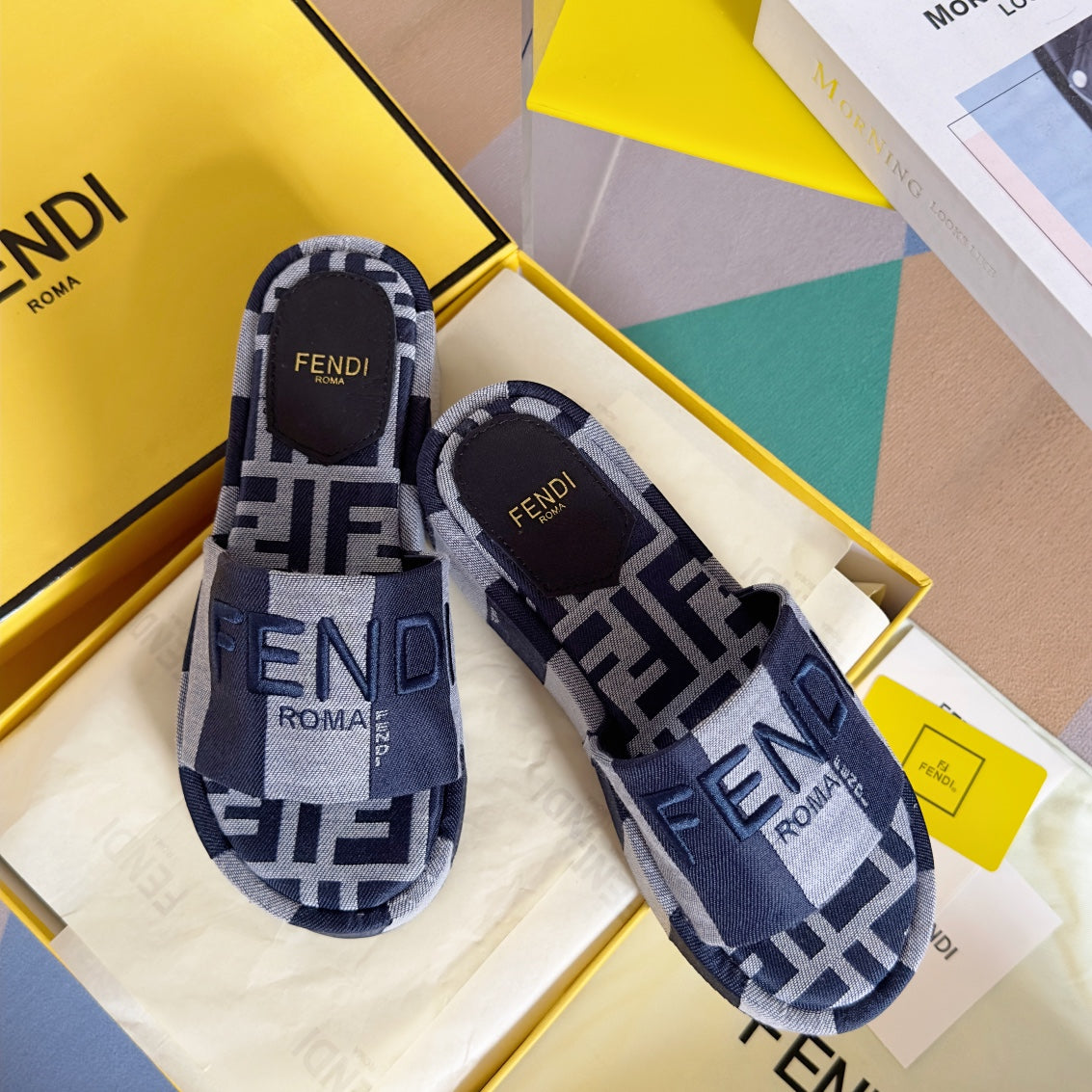 FENDI PLATFORM WEDGES IN AEGEAN BLUE MIX WHITE FF MONOGRAM FABRIC