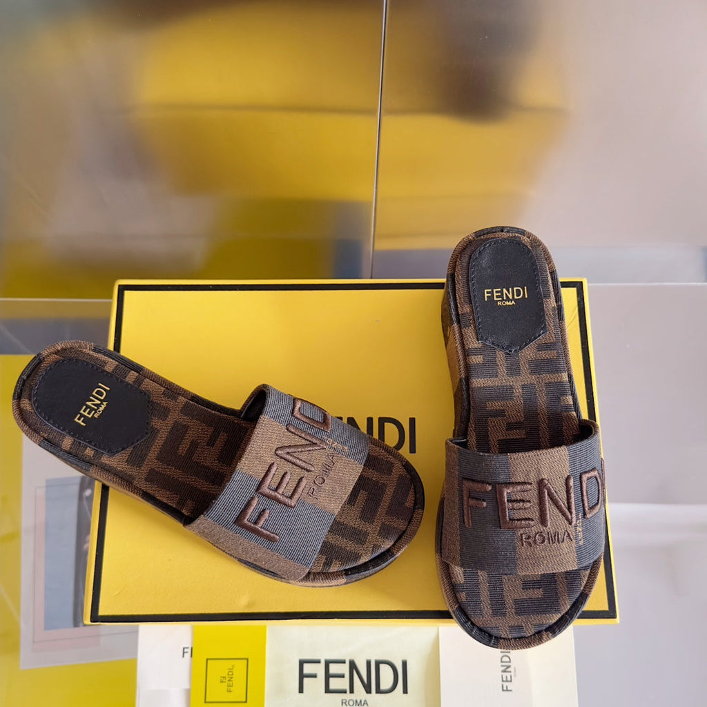 FENDI PLATFORM WEDGES IN CHOCOLATE BROWN FF MONOGRAM FABRIC