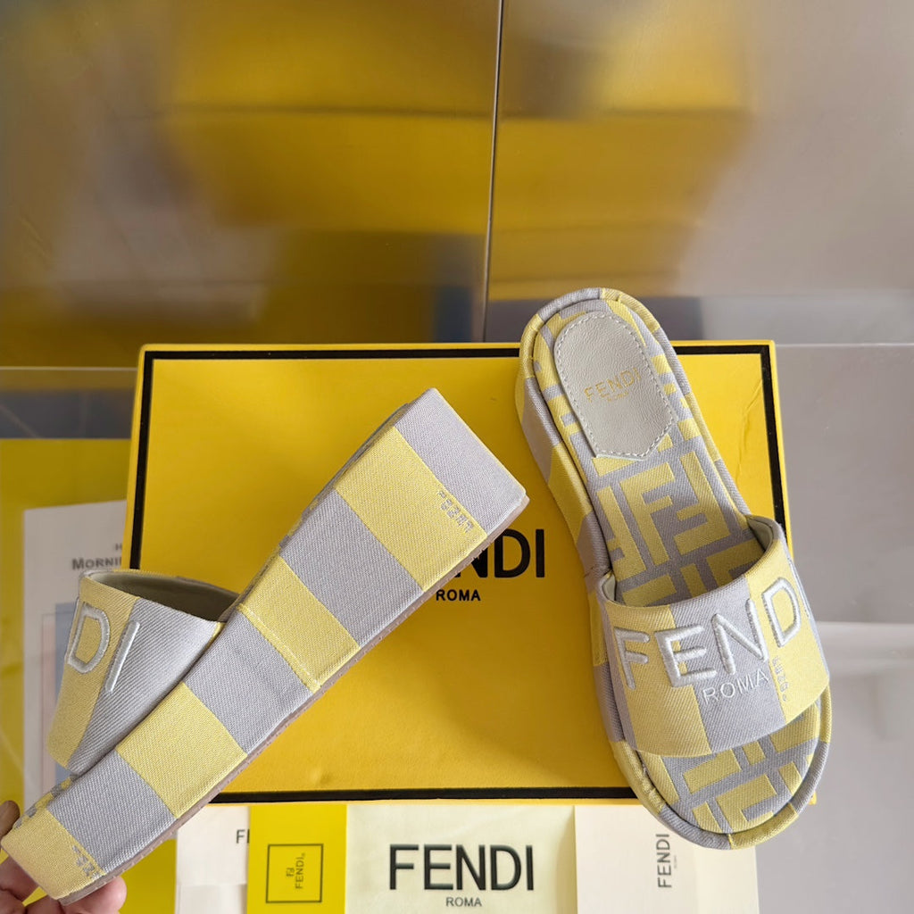 FENDI PLATFORM WEDGES IN LIGHT YELLOW MIX GREY FF MONOGRAM FABRIC
