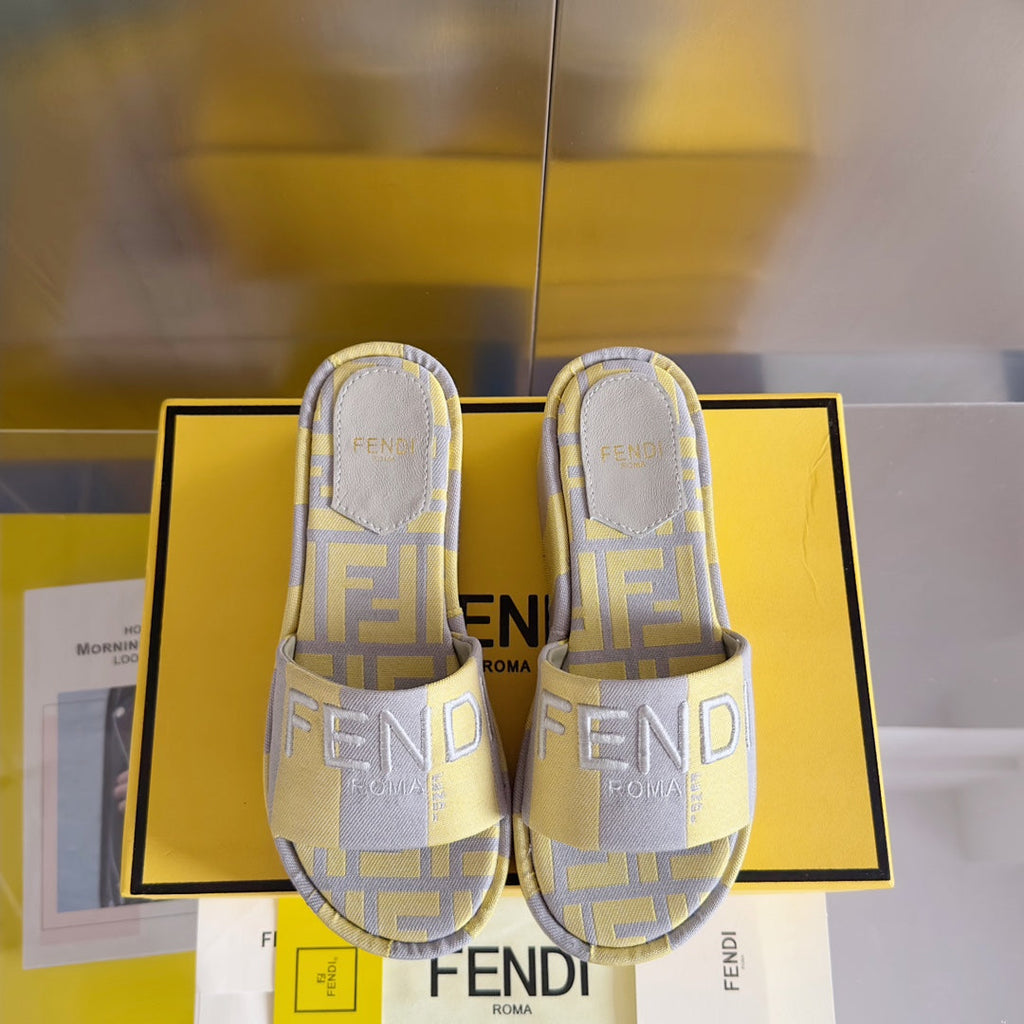 FENDI PLATFORM WEDGES IN LIGHT YELLOW MIX GREY FF MONOGRAM FABRIC