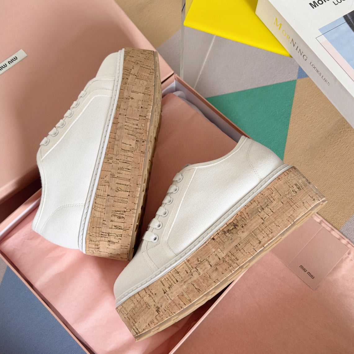 Lace - up Platform Shoes White Canvas