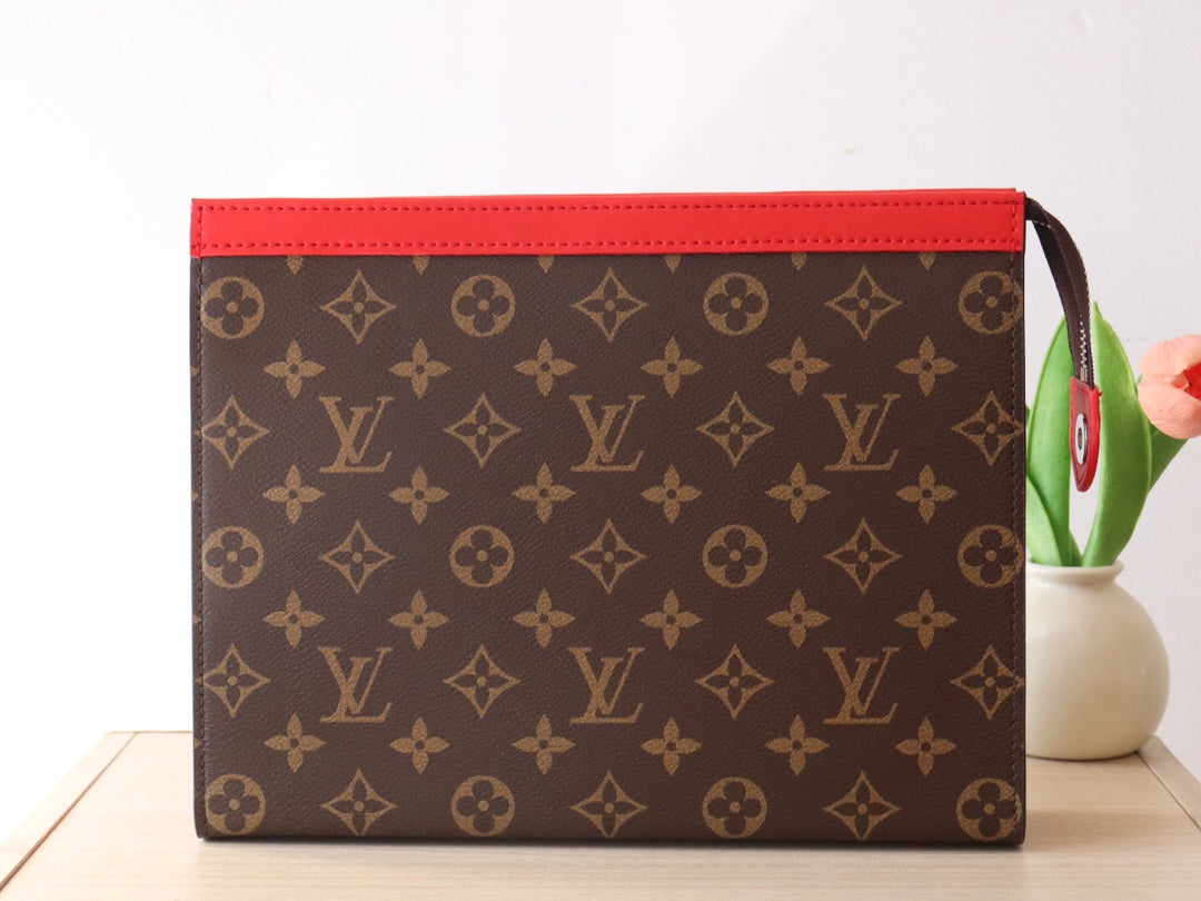 LV 25S POCHETTE VOYAGE 26 IN SARI RED MONOGRAM MACASSAR COATED CANVAS