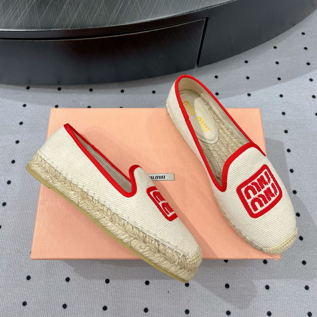 Loafer Shoes Ivory With Red Border Fabric Linen