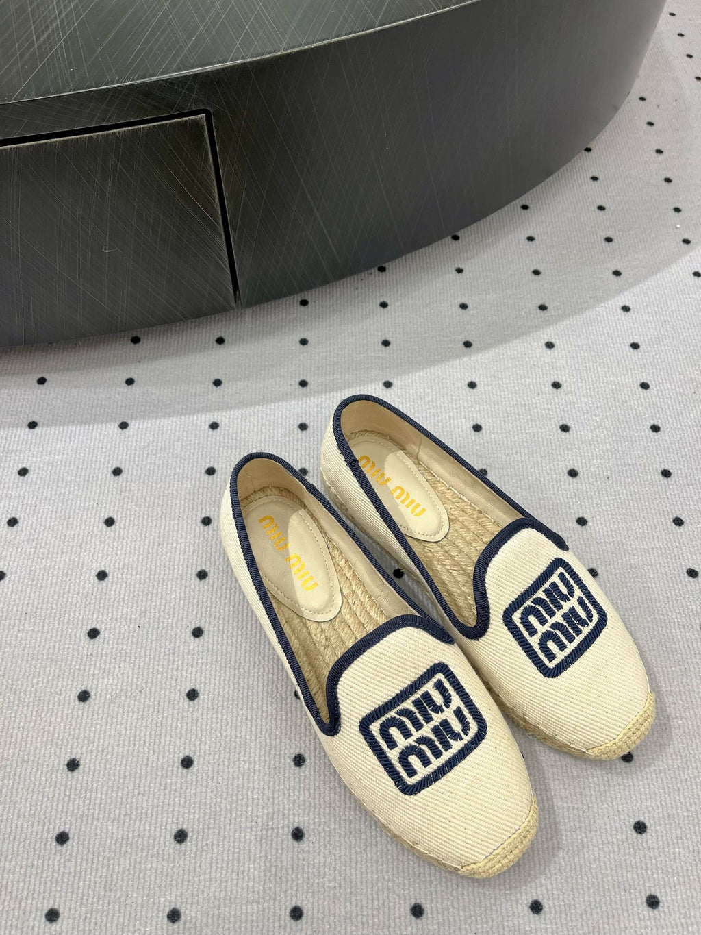 Loafer Shoes Ivory With Navy Border Fabric linen