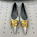 POINTED BB GOLD BUCKLE BALLET FLAT IN SILVER METALLIC SHINY CALFSKIN