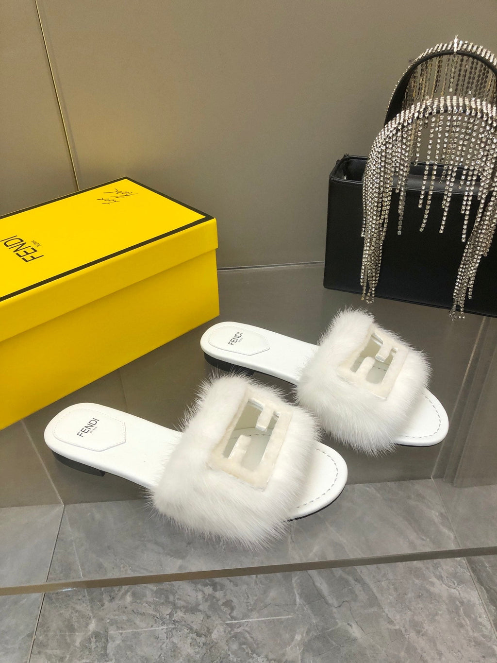 FENDI BAGUETTE MINK SLIDE SLIPPER IN WHITE FUR