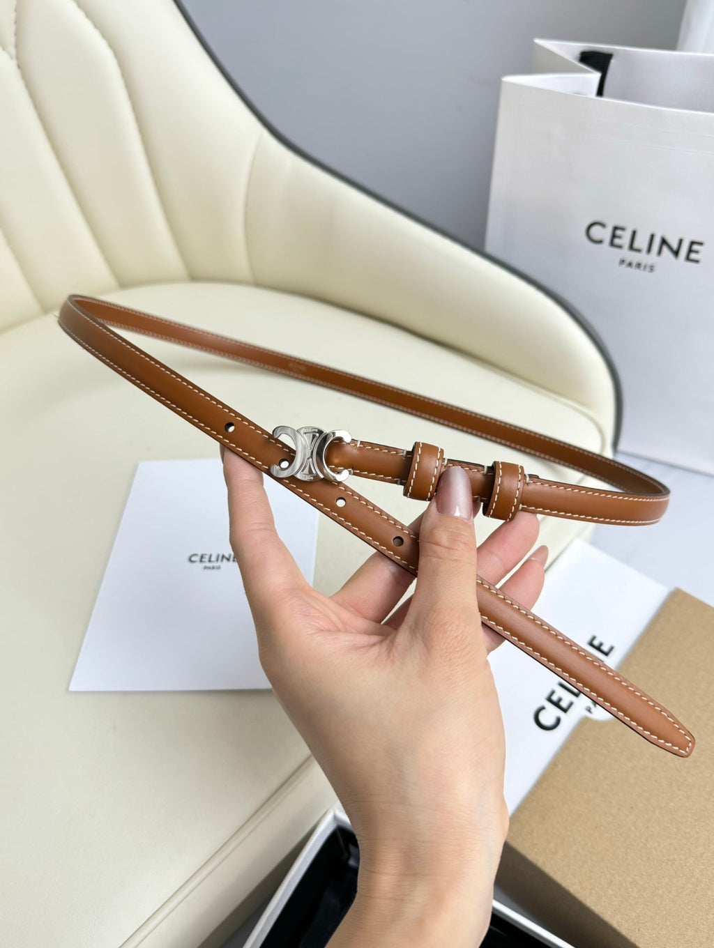 MINI TRIOMPHE BELT 13 MM BRONZE BROWN LEATHER SILVER HARDWARE