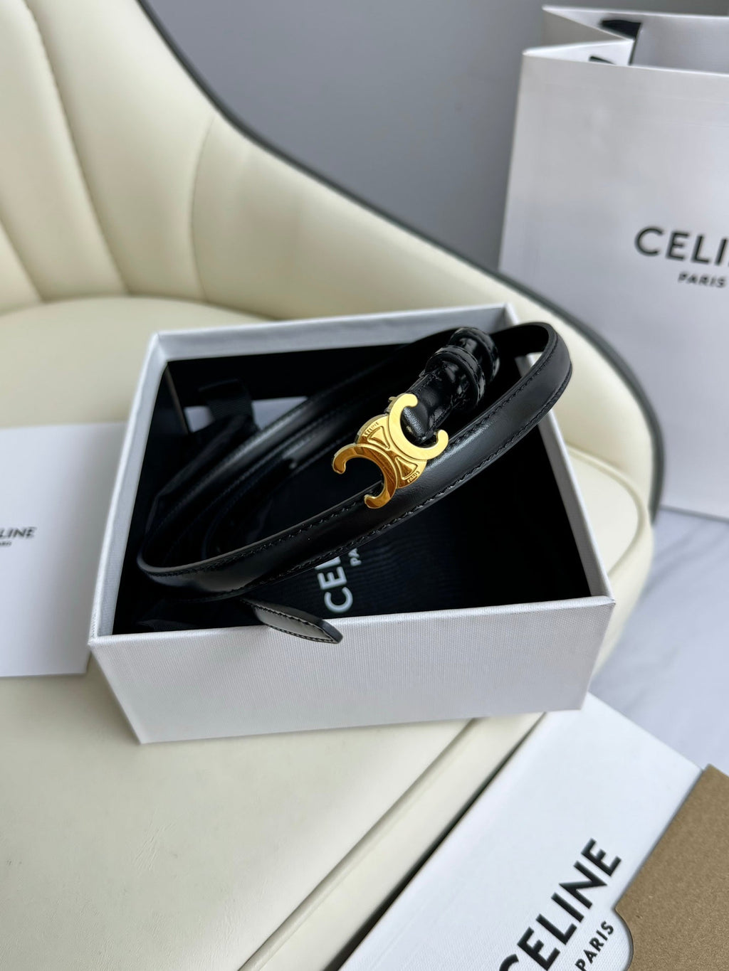 MINI TRIOMPHE BELT 13 MM BLACK LEATHER GOLD HARDWARE